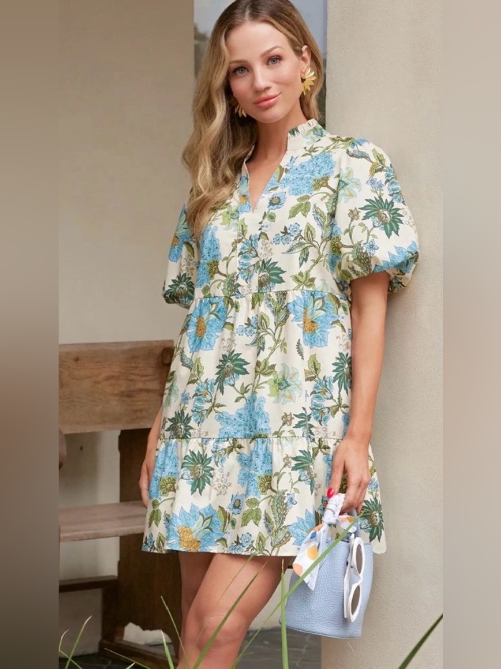Avara Genevieve Cream Mini Dress with Blue and Green Floral Print
